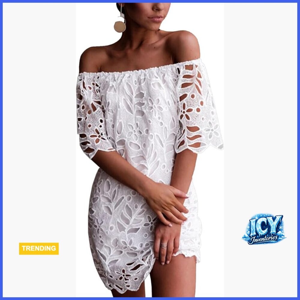 Off Shoulder Floral Lace Mini Dress with Flared Hemline